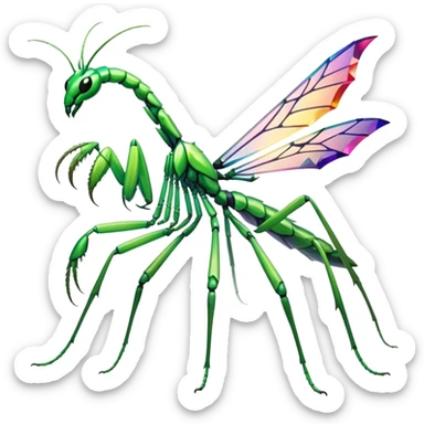 A mantis with limbs and body segments made of colorful crystal formations that refract light into dazzling displays. Its scythe arms are razor-sharp crystal edges. sticker