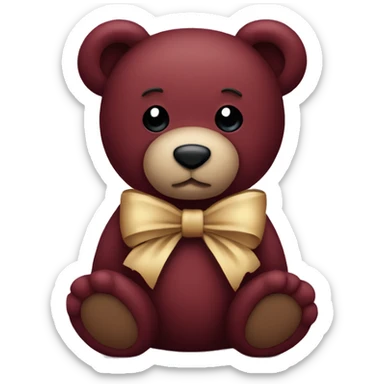 a burgundy teddy bear with a bow sticker