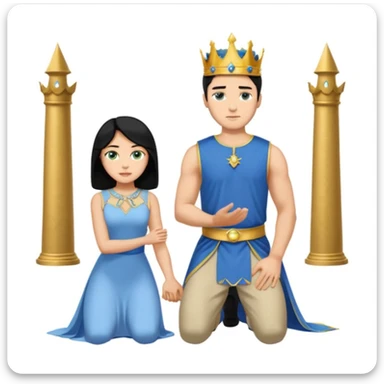 Man as king, standing, black Hair, blue eyes, woman, blonde, green eyes, shott white sleveless Dress, kneeling, background palace sticker