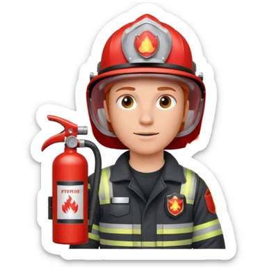 red haired Firefighter with respiratory protection with fire extinguisher sticker