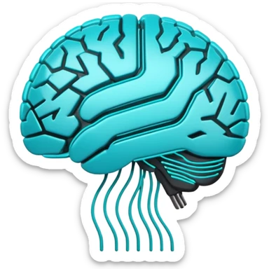 Futuristic neural brain badge icon, minimal glowing brain outline with neon cyan neural lines, small electric spark detail, circular game emblem, sci-fi web3 style, dark background, 3D polished game asset, sharp and high detail, centered composition sticker