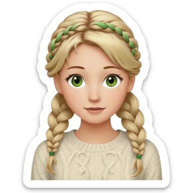 dirty blonde hazel/green eyes woman with a white cable knit sweater and one braid down her back  with tendrils of hair flowing down her face and she is happy pale, some freckles, blush. she has a cateye wing and long lashes sticker
