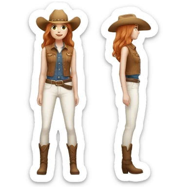 White skin, woman, feminine, 21 year old,straight hair , ginger coloured hair, beautiful, British, stylist, aesthetic, side and bangs, sensual looking, full body, complete body figure,slim, she’s wearing a cowboy outfit sticker