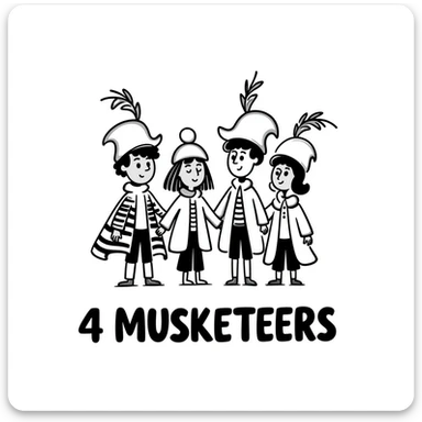 Cute cartoon of four musketeers with feathered hats and capes with the text "4 Musketeers" sticker