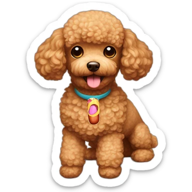 Light brown toy poodle with a hot dog toy sticker