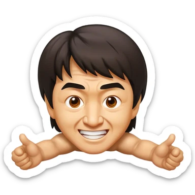 Cinematic Realistic Jackie Chan Pop Culture Emoji, depicted with playful agility and charismatic charm rendered with lifelike textures and vibrant, action‚Äêpacked lighting. sticker