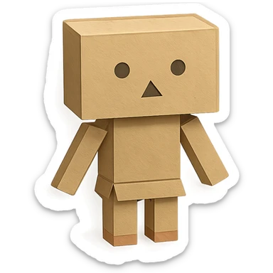 Danbo, the cardboard robot, in a softly lit room with wooden floor, cartoonish style, clean lines, pastel palette, cozy and nostalgic mood sticker