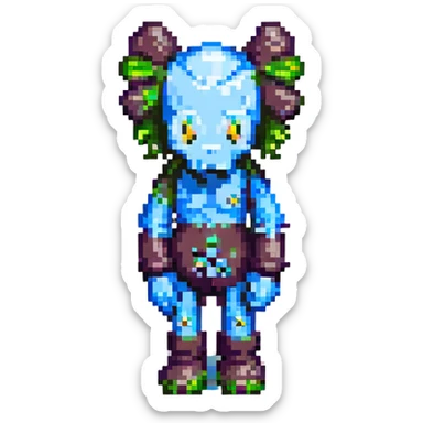 Kaws figure in pixel art style, simplified, with X eyes sticker
