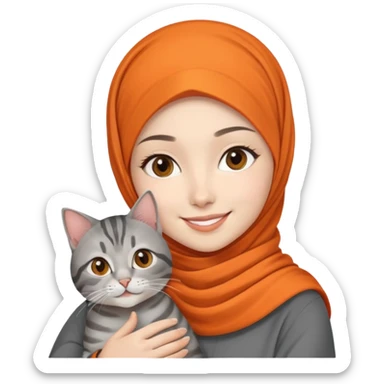 Asian White girl wearing orange hijab holding a black grey tabby cat while smiling.  sticker