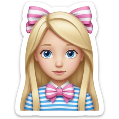 blonde girl long hair middle part, blue eyes,at with a bow sticker