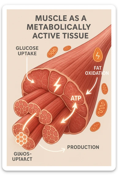 a highly detailed cross-section of human skeletal muscle fibers, shown in vibrant red and pink tones, with visible striations and realistic texture. Glowing arrows and animated icons represent active metabolic processes—such as glucose uptake, fat oxidation, and ATP production—occurring within the muscle tissue. Surrounding the muscle, floating symbols for mitochondria and energy highlight its metabolic activity. The background is clean and clinical, with subtle labels and infographics explaining that muscle is a metabolically active tissue. The overall style is modern, scientific, and visually engaging, suitable for educational or medical use. sticker