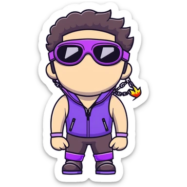 close-up of bad guy male athlete with white skin and moderately curly dark brown hair on top with shaved sides, wearing ski goggles with purple frames and very dark black lenses, a simple plain black chain necklace, and a completely unzipped sleeveless vest with purple and black sequin fire pattern design with no logo, with an extremely arrogant sneer on his face, looking menacing and villainous, exuding overconfidence and a threatening aura sticker