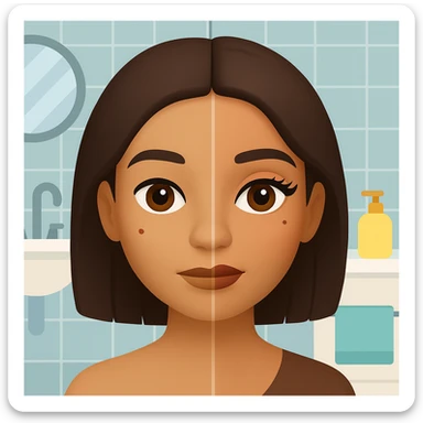 Add a bathroom background behind the Latin girl with half her face clean and half with makeup. The style should resemble emoji style with simple, colorful, and concise features. sticker