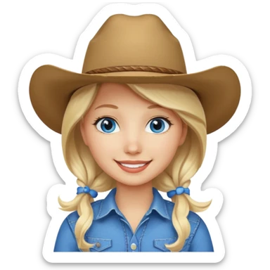 Create a girl emoji that has blonde hair, is white, has a cowboy hat on and blue eyee sticker
