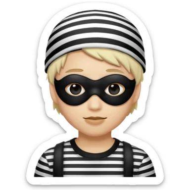 Realistic ios emoji-style portrait of a classic burglar, a black eye mask and a black-and-white striped shirt. Highly detailed, natural skin texture, soft cinematic lighting, realistic shadows, smooth gradients, clean outline, glossy reflections in the eyes. emoji-like hair, burglar’s hat  sticker