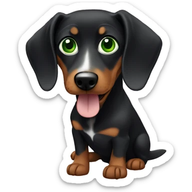 White Lebanese with green eyes holding a black dachshund sticker