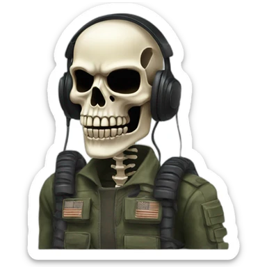 Military Skeleton mask with a long black mask underneath it and headset with a microphone sticker