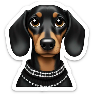 Dachshund wearing black and white Sweater with chanel logo  sticker