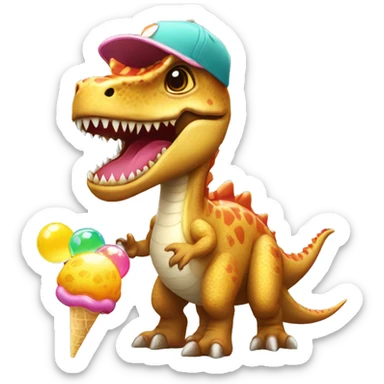 A Dino with a cap and a lolly with bubbles in the back sticker