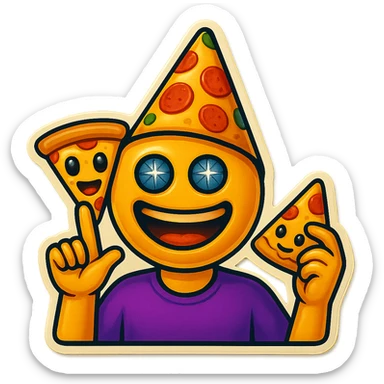 Make the left hand clearly form a finger gun gesture, while keeping the rest of the emoji the same: laughing face with disco ball eyes, tilted party hat, and holding pizza in the other hand, with no background. sticker