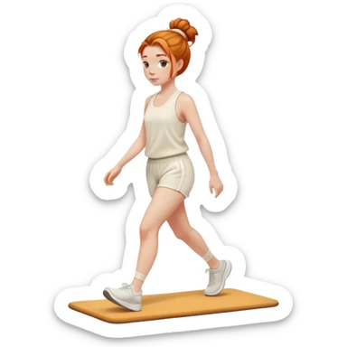 Beautiful Ginger girl messy bun walking on walking pad cream gym outfit sticker