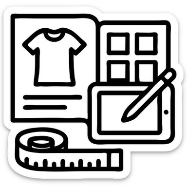 Minimalist vector icon representing fashion design management: an overhead view of a stylized open tech pack document showing a garment sketch, alongside a color swatch grid, a digital tablet with a pen, and a measuring tape curved into the shape of a semicircle. Use clean lines, soft neutral tones with one pop of color (like coral or teal), and geometric shapes. The icon should convey precision, creativity, and fashion process in a modern, professional style. Designed to be easily recognizable at small sizes. Yellow & black theme sticker