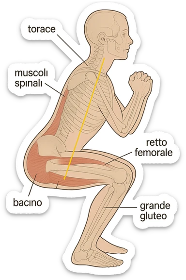 side view of a human figure performing a squat, with transparent overlays showing the skeletal structure. A straight line or highlighted axis connects the pelvis (bacino) and the ribcage (torace), demonstrating correct alignment. Key muscles involved in maintaining posture are labeled. Clean, educational style, white background. sticker