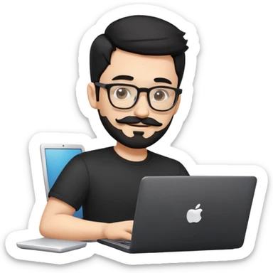 Create an emoji-style illustration of a person using a laptop. The person should have black hair styled similarly to the Apple Memoji, with a mustache, beard, and glasses. The character should be wearing a black shirt and looking at the laptop screen with a focused yet friendly expression. The laptop should be modern, slightly open, and have a glowing screen. The style should match existing emoji aesthetics, with smooth shading, rounded features, and a clean, minimalistic background. sticker