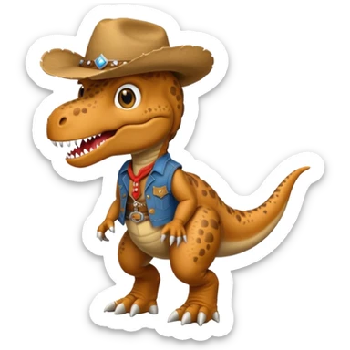 trex dinosaor with cowboy helmet with cowbot clothes sticker