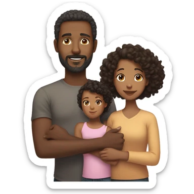 A family, black father short hair and unshaven beard, brown mother black hair on her shoulders, daughter 10 years old, curly hair on her shoulders sticker