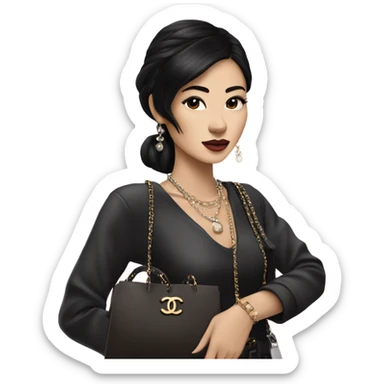 Realistic Dark hair Chanel Asian Girl with Birkin bag and Chanel necklace sticker