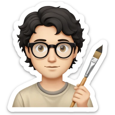 Young caucasian man with black wavy hair, round glasses, beige painting shirt, holding a square paintbrush sticker