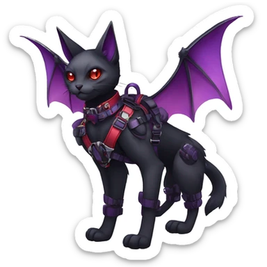 cool kawaii edgy evil techwear black purple red ethereal fantasy beautiful elegant nargacuga-bat-cat-Fakemon wearing legs spats a collar harness with jewelries full body sticker