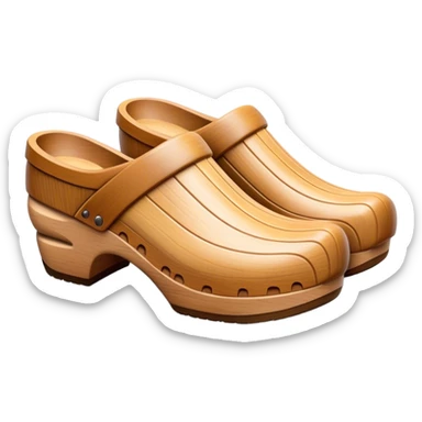 Cinematic Realistic Wooden Clogs Emoji, depicting the classic handcrafted footwear with a smooth, curved design and sturdy wooden soles, rendered with rich textures and warm, natural lighting. sticker