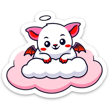 pink possum with angel wings and red devil horns, lounging on a cloud, sparkly celestial background, evil grin sticker