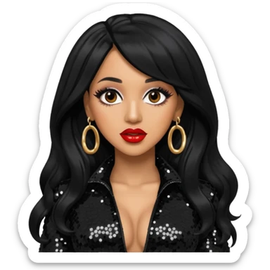 Cardi B with long jet black hair, black sequin outfit sticker