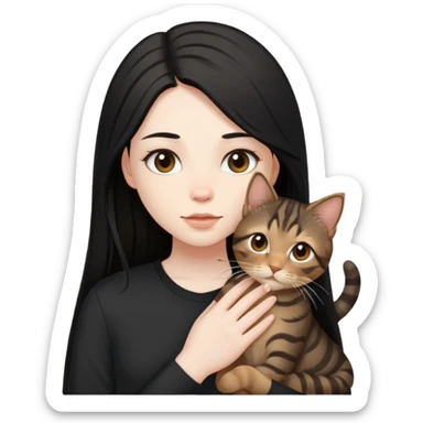 a  girl with black long hair with a brown tabby with black shirt sticker
