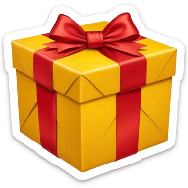 box with yellow wrapping paper and a length of red ribbon surrounding it sticker