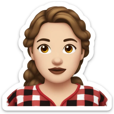 Plus size woman with brown hair and brown eyes wearing red and black buffalo plaid pjs. White skin. sticker