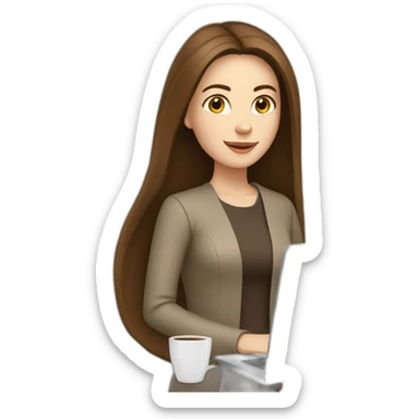 woman with long straight brown hair and pale skin using a laptop to carry coffee mug sticker