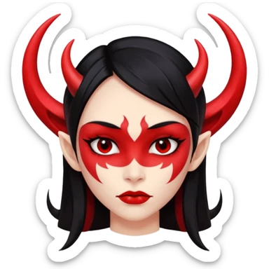 Head only demon girl; face with pronounced cheekbones and angular jaw; skin is uniform pure red (#FF0000) everywhere; long straight smooth black hair; small horns sticker