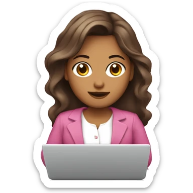 mujer cabello castaño, piel blanca, con ojos grandes cafe, con una laptop y camisa de color rosa. sticker