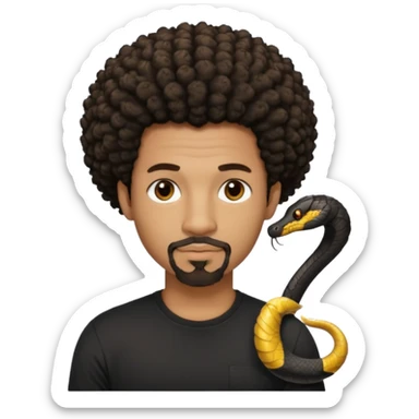 Homme noir, yeux marron avec un bouc sans la moustache, cheveux court et bouclé crépus avec un dégradé sur le côté, avec un cobra à côté , t-shirt noir  sticker