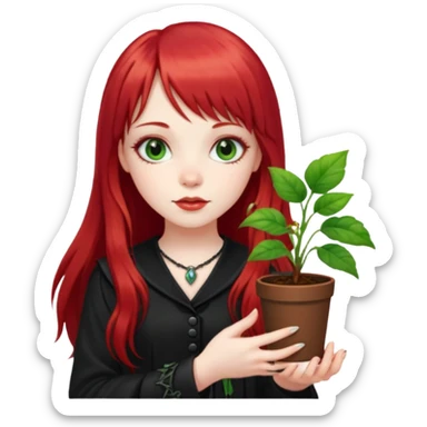 a gothic girl with long red hair and bangs holding a lucky pin and plant sticker