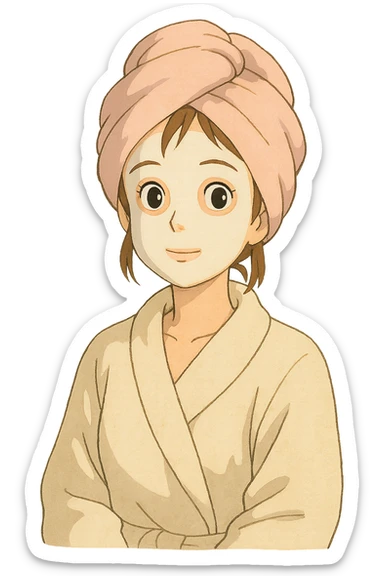 a girl with brown hair, wearing a bathrobe and a pastel pink towel turban, with a white facial mask, ghibli style sticker