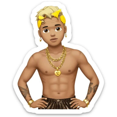 Chris Brown with blonde hair, dark brown sequin baggy pants, shirtless with necklace sticker