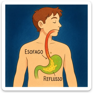 Medical illustration in Italian: stylized man, red esophagus, acid rising from the stomach. Labels: 'Esofago', 'Stomaco', 'Reflusso'. Dark blue background, illustrative style. sticker