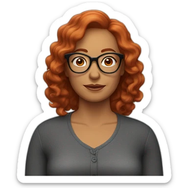 50-year-old woman with wavy red hair, glasses, black frames and a hanger sticker