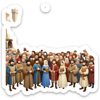 Large crowd of medieval people gathered in town square, mixture of wealthy merchants in fine clothes and commoners in simple attire sticker