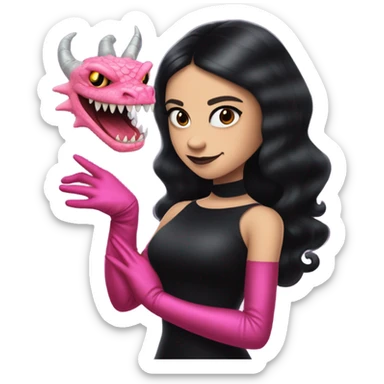  black evening gown with see-through gloves, Jenna Ortega as Addams woman prom queen wearing a mini tiara, very large blood  pink evil-looking horned old dragon companion sticker